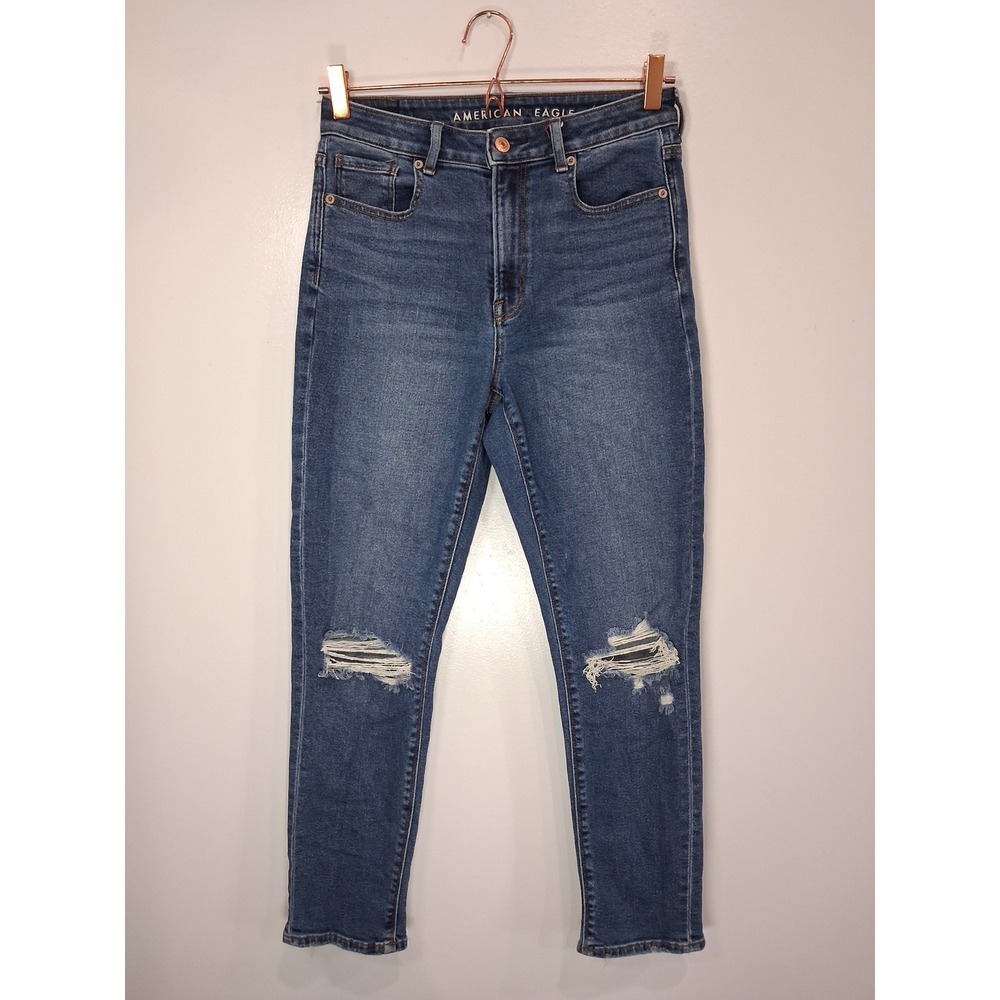 American Eagle Mom Jeans Womens 2 Regular Distressed High Rise Medium Wash Blue